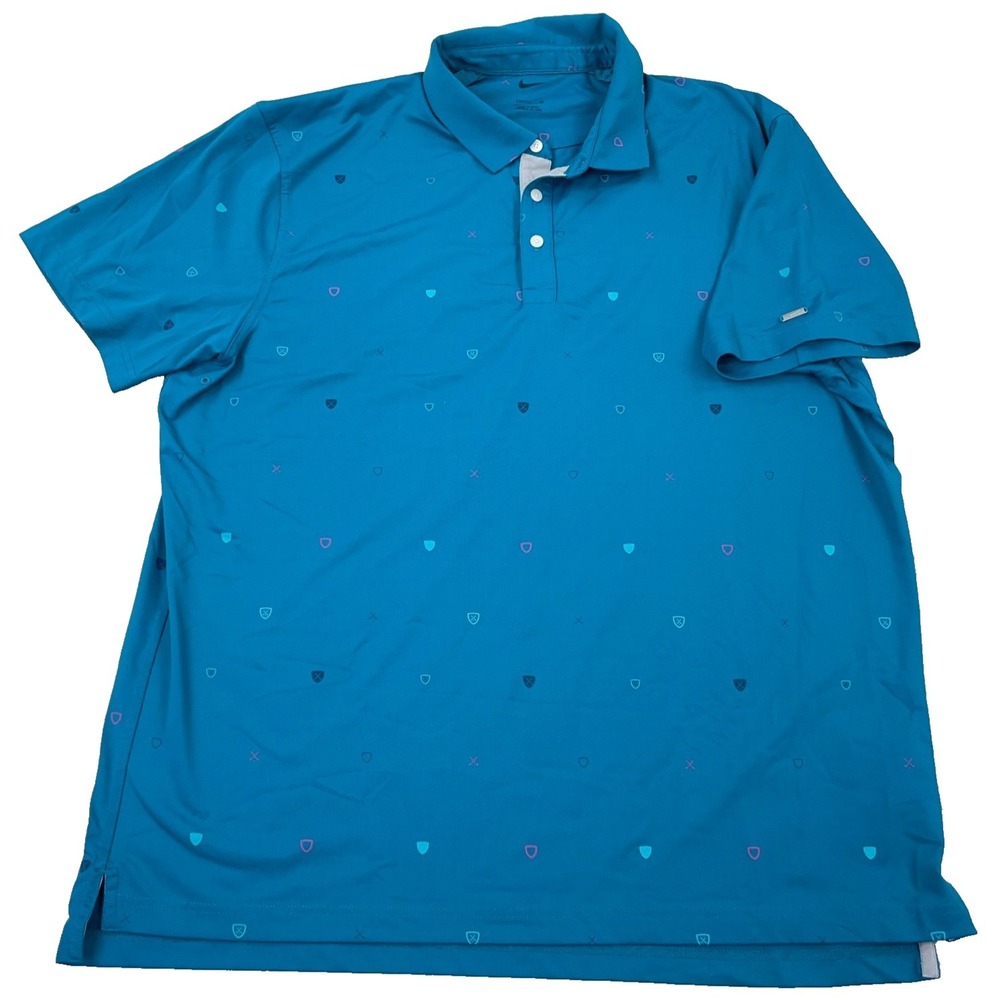 Nike Golf Polo Shirt Men XL Teal Blue Dri Fit Standard Geometric Spotted Wicking